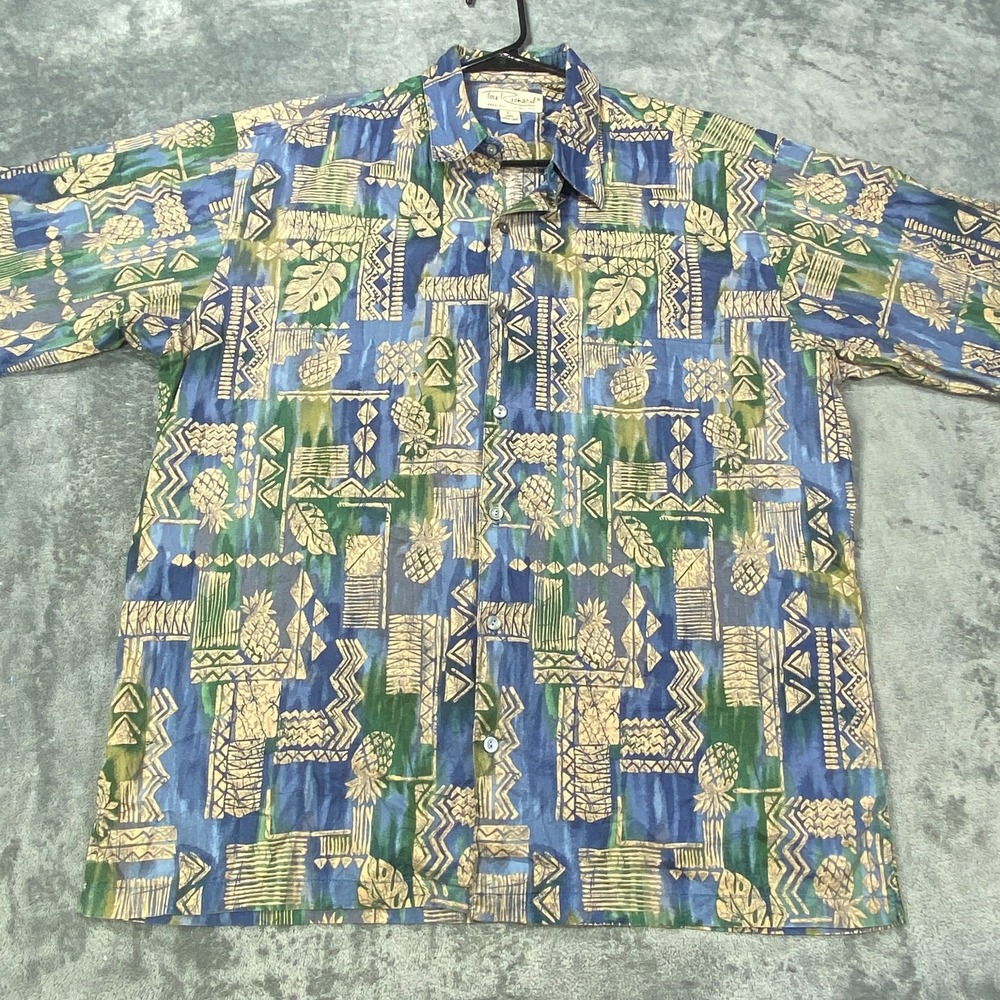 Vintage Tori Richard Hawaiian Shirt Mens Large Geometric Fruit Leaf Cotton Lawn